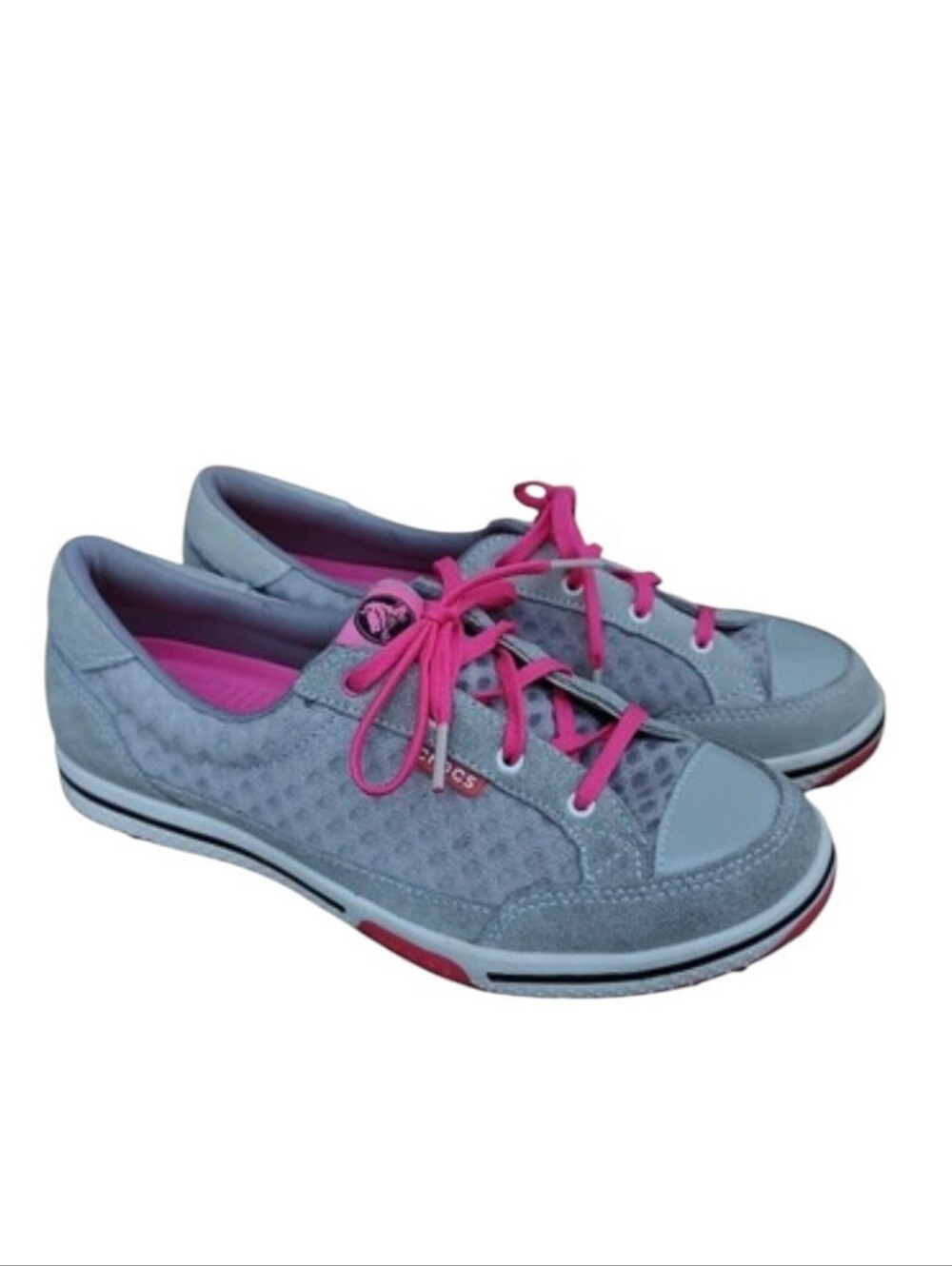 CROCS Gray Athletic Sneakers with Pink Accents